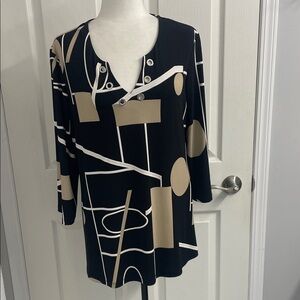 Joseph Ribkoff Black/Tan Geometric Blouse/Tunic V Neck 3/4 Sleeve  Sz US14